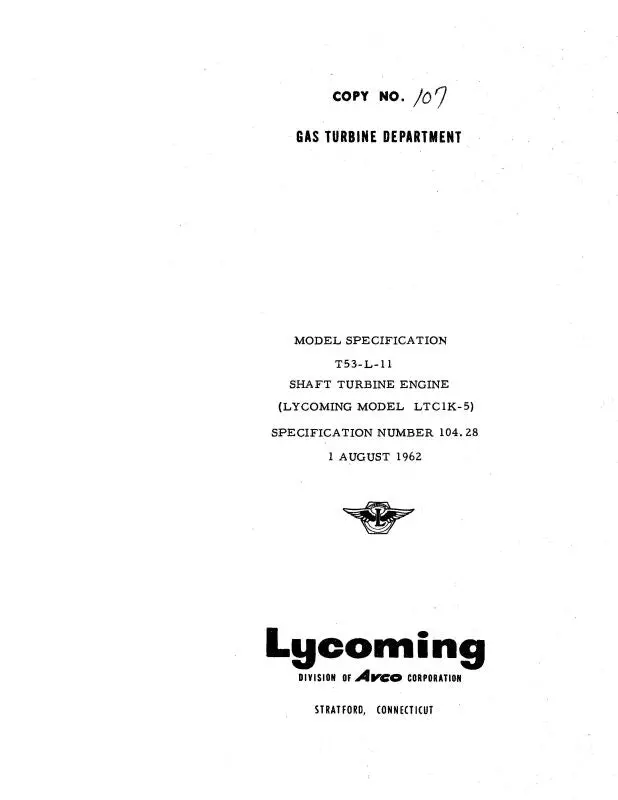 Lycoming T53-L-11 Shaft Turbine Engine Aircraft Specification No. 104.28 (104.28) 1