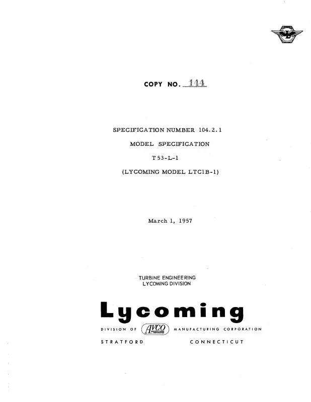 Lycoming T53-L-1 1957 Aircraft Specification No. 104.2.1 (104.2.1) 1