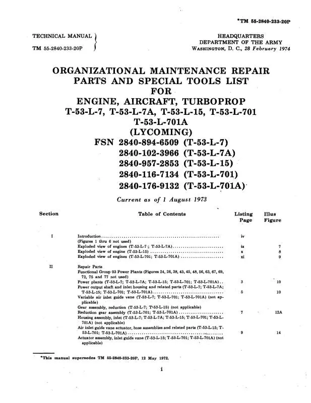 Lycoming T53-L-7, -7A, -15, -701, -701A Organizational Maintenance Repair Parts (55-2840-233-20P) 1