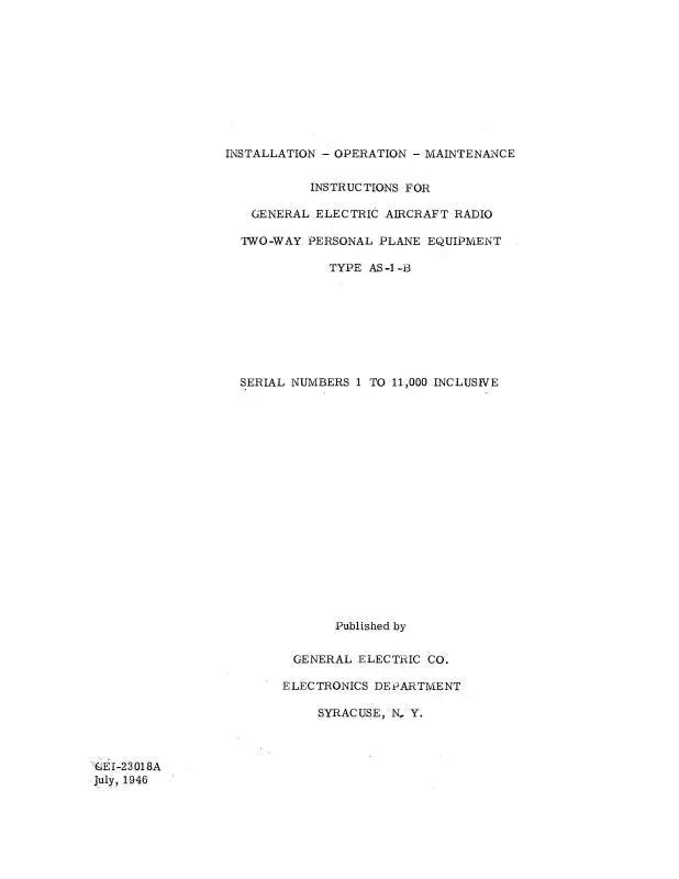 General Electric Company As-1B Instructions Installation, Operation & Maintenance Instructions (Geas1b-In-C) 1