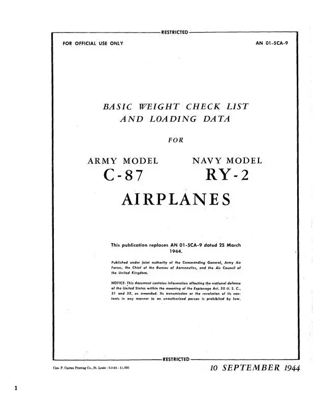 Consolidated C-87 Army Models 1944 Basic Weight Pilot's Checklist And Loading Data (01-5Ca-9) 1