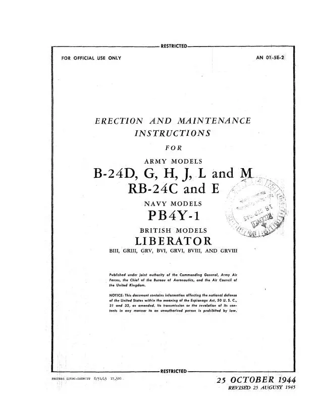 Consolidated B-24D, G, H, J, L, M, Rb-24C,E Erection & Maintenance (01-5E-2) 1