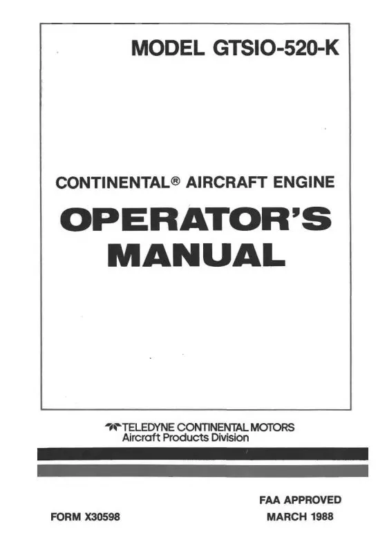 Continental Gtsio-520-K Series 1988 Operators Manual (X30598) 1