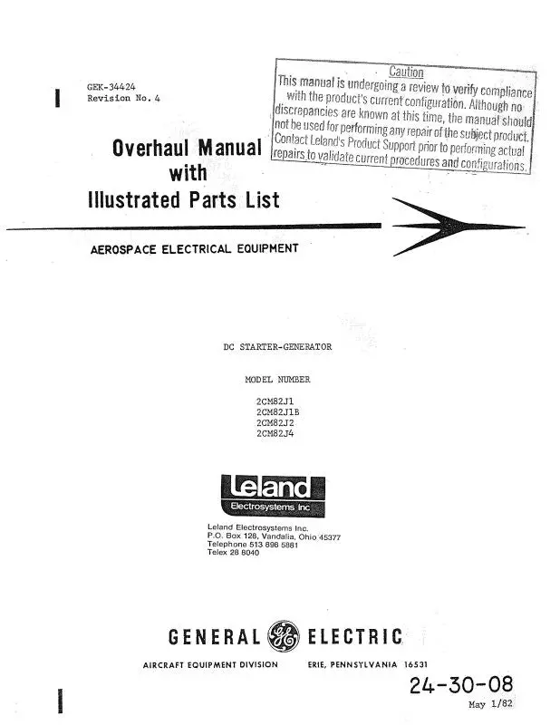 General Electric Company Dc Starter-Generator 1982 Overhaul Manual With Illustrated Parts List (24-30-08) 1
