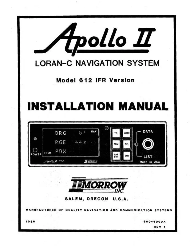 Ii Morrow Inc Apollo Ii 612 Ifr Version Installation Manual (1186) 1
