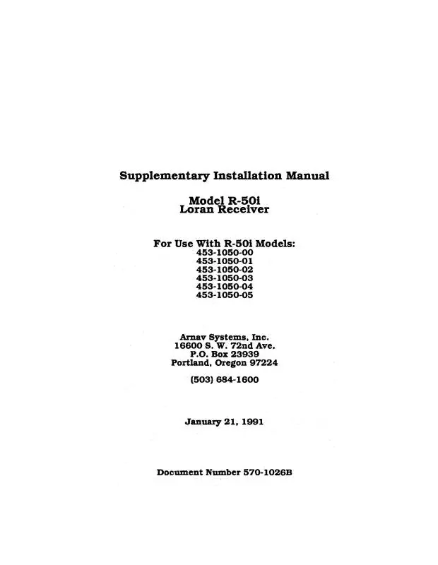 Ii Morrow Inc Model R-50I Loran Receiver1991 Supplementary Installation Manual (570-1026B) 1