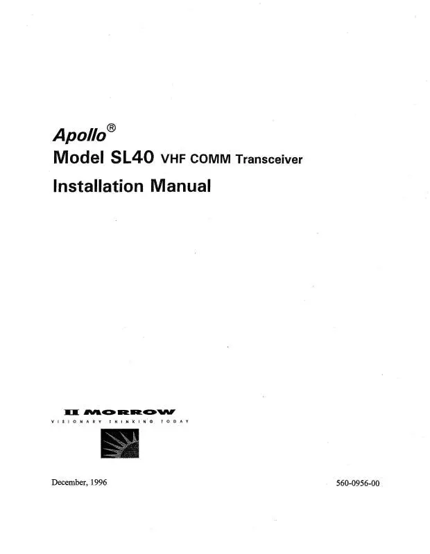 Ii Morrow Inc Apollo Sl40 Vhf Comm Trans. Installation Manual (560-0956-00) 1
