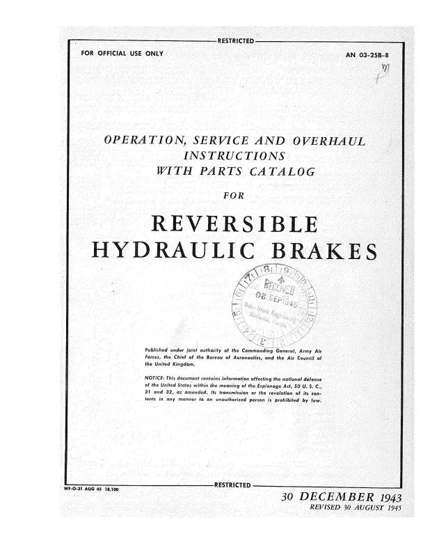 Hayes Industries Reversible Hydraulic Brakes Operation, Service, Overhaul, Parts (03-25B-8) 1