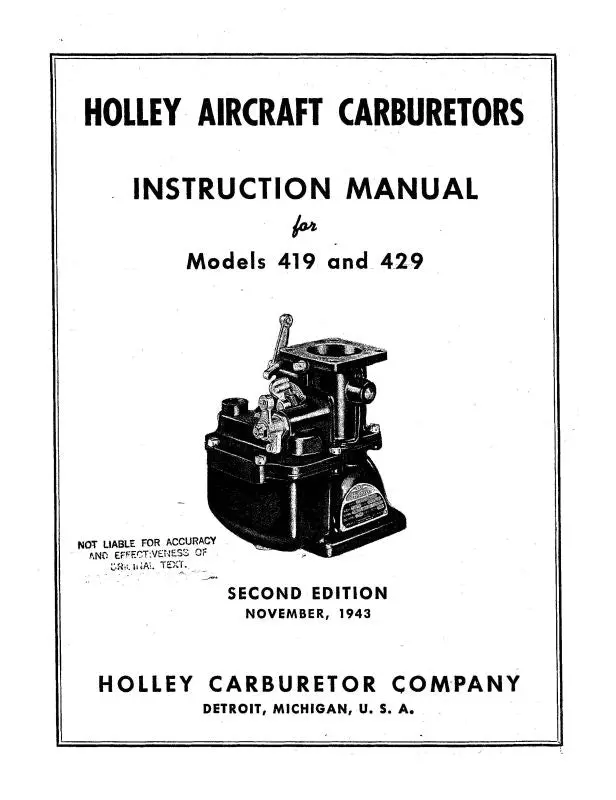 Holley Carburetor Company 419 & 429 Aircraft Carburetors Installation & Maintenance (Ho419,429-43-In) 1