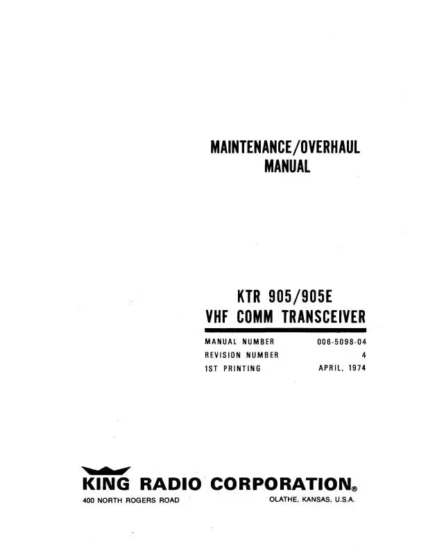 King Ktr-905 Vhf Comm Transceiver Maintenance Manual (006-0098-04-M) 1