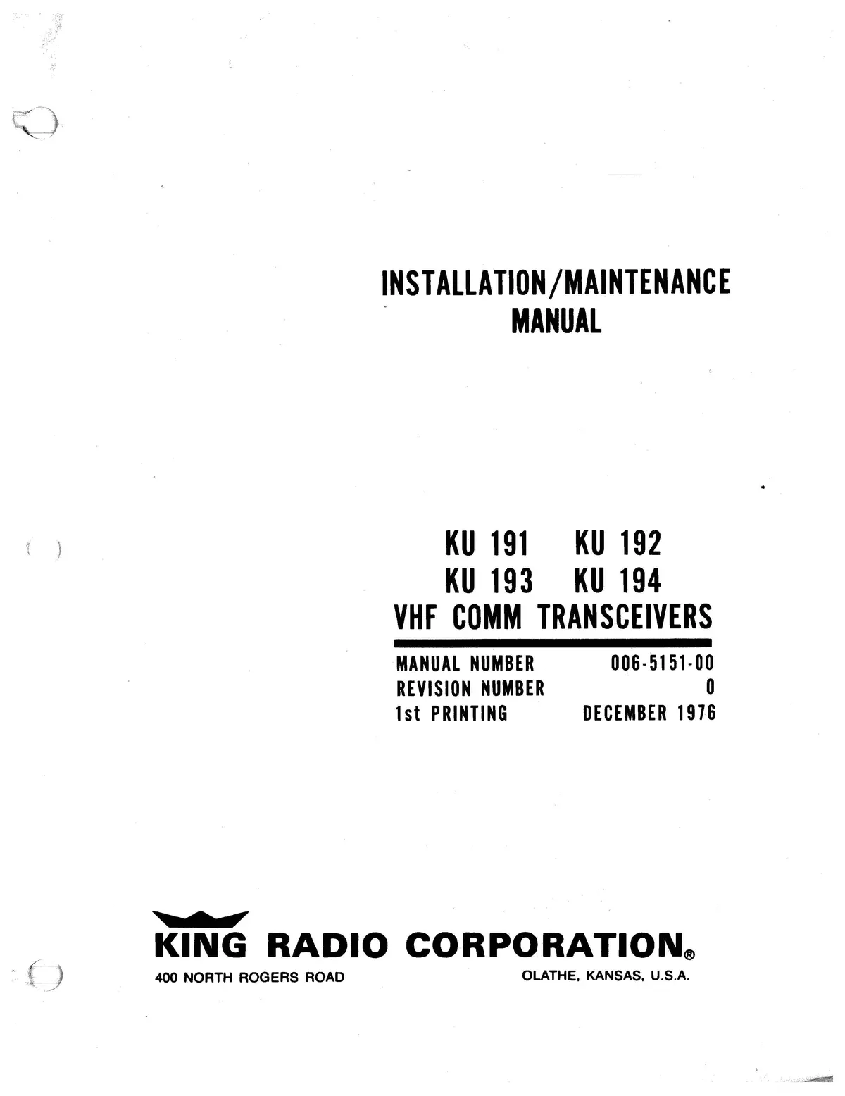 King Ku191,192,193,194 Vhf Com Tranceivers Maintenance-Installation (006-0151-00) 1