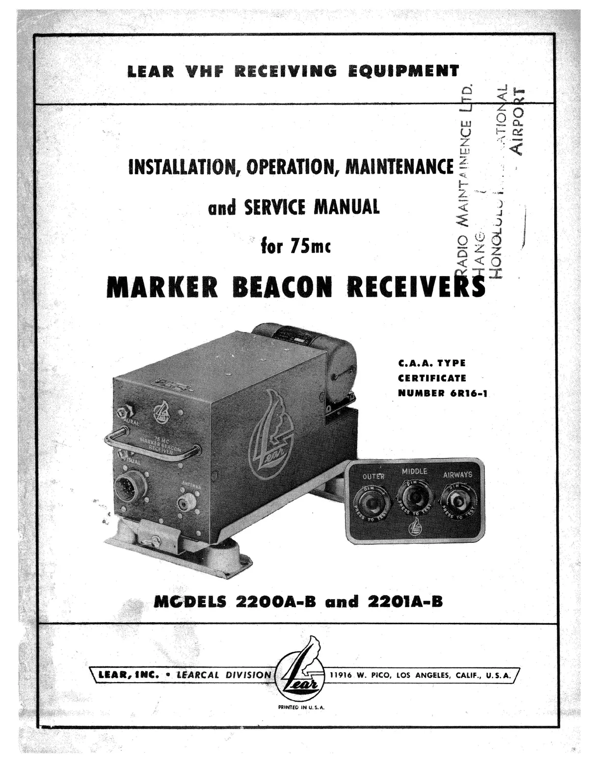 Lear, Inc 2200A-B & 2201A-B Installation, Operation, Maintenance And Service (Le2200ab-Inopm) 1