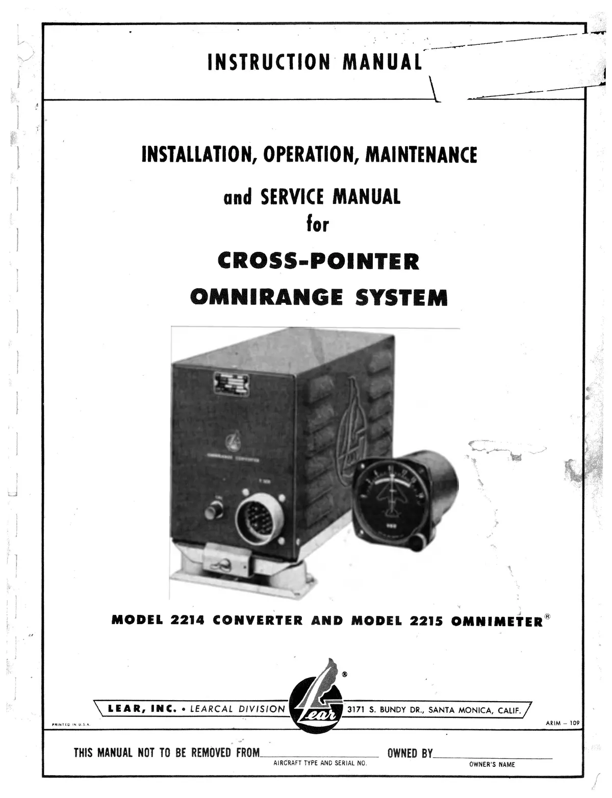 Learj Cross-Pointer Omnirange System Instruction Manual Arim - 109 1