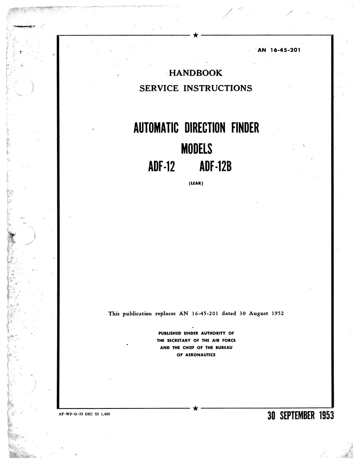 Learjet Adf-12,12B 1953 Maintenance Instructions Handbook (16-45-201) 1