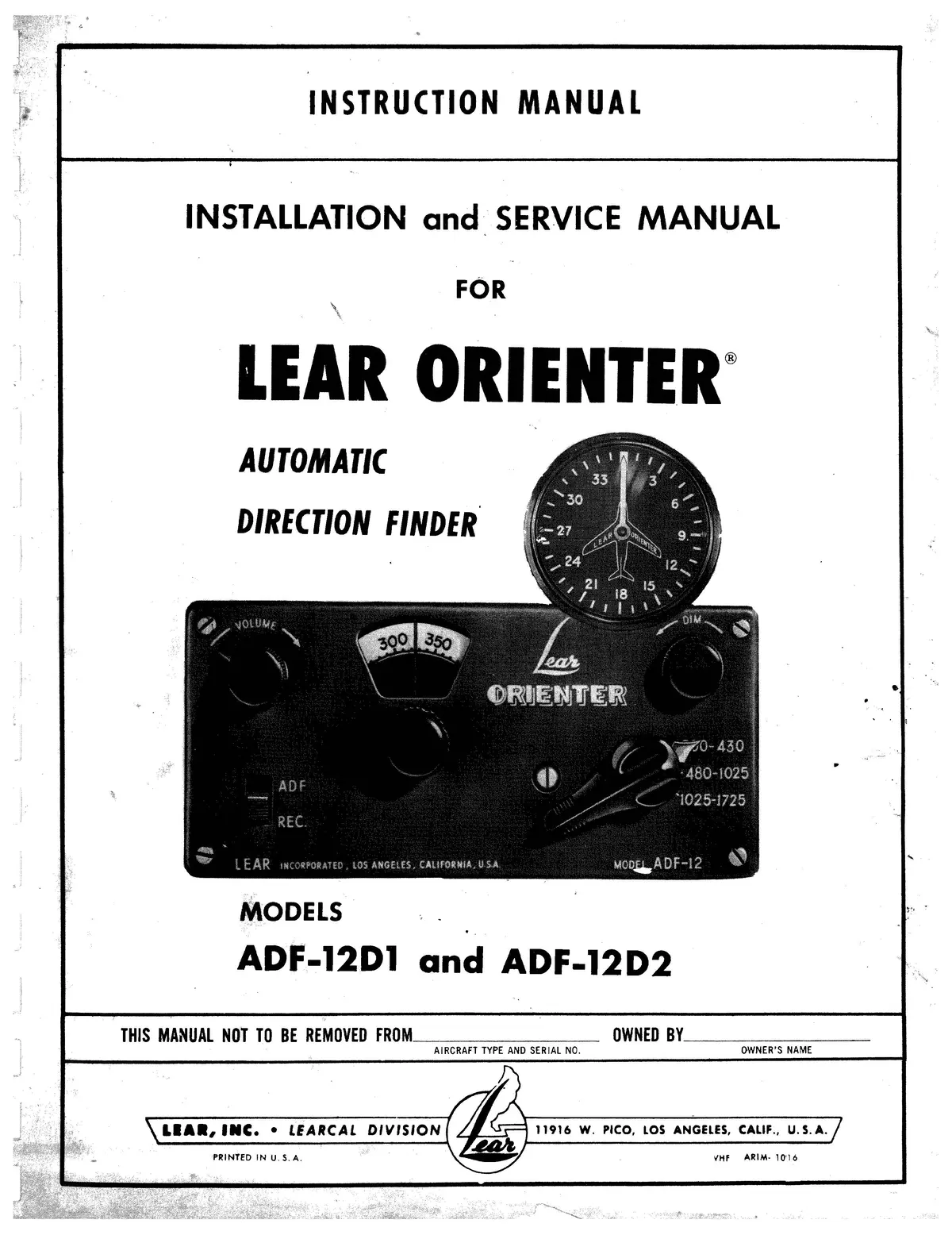 Lear Adf-12D1 & Adf-12D2 Instruction Manual (Leadf12d1,2-Ins) 1