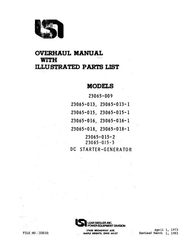 Lear Seigler 23065-009 Series 1983 Overhaul Manual With Illustrated Parts List (23210) 1