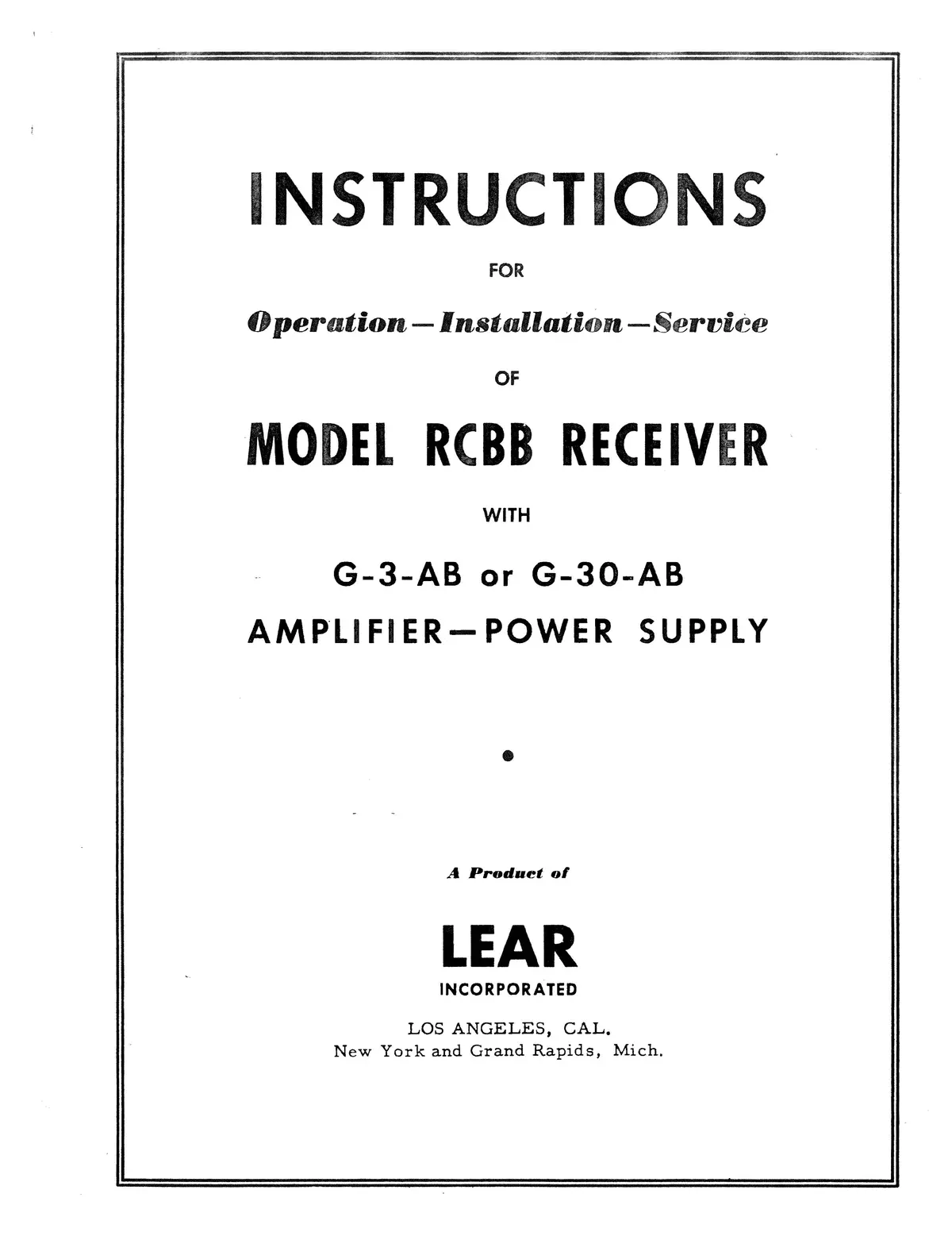 Lear Rcbb Receiver Operation, Installation & Maintenance Manual (Leg3ab-In-C) 1