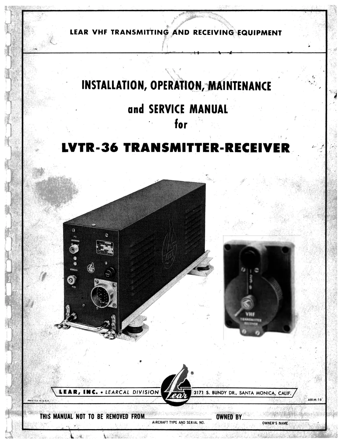 Lear Lvtr-36 Transmitter-Receiver Instruction Manual Arim-16 1