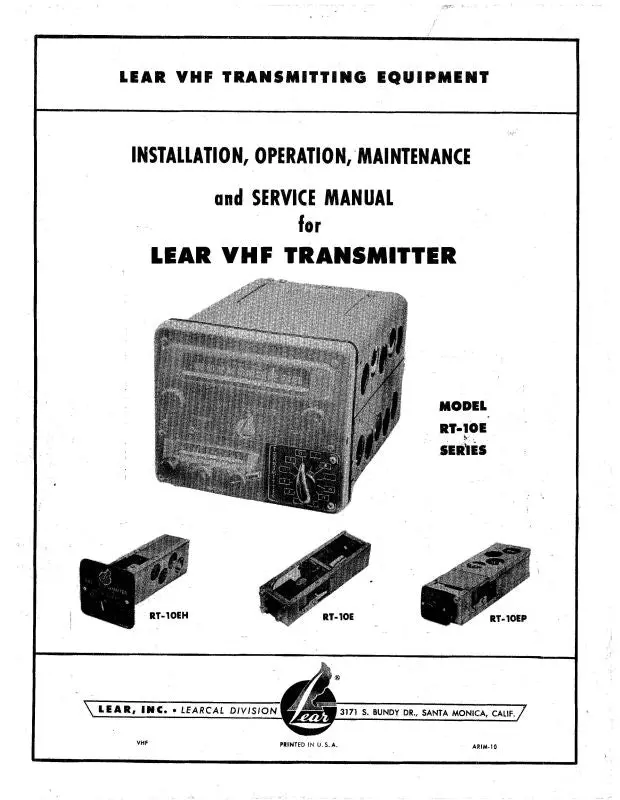 Learjet Rt-10E Series Vhf Transmitter Installation, Operation, Maintenance & Service (Lert10e-Inopm-C) 1