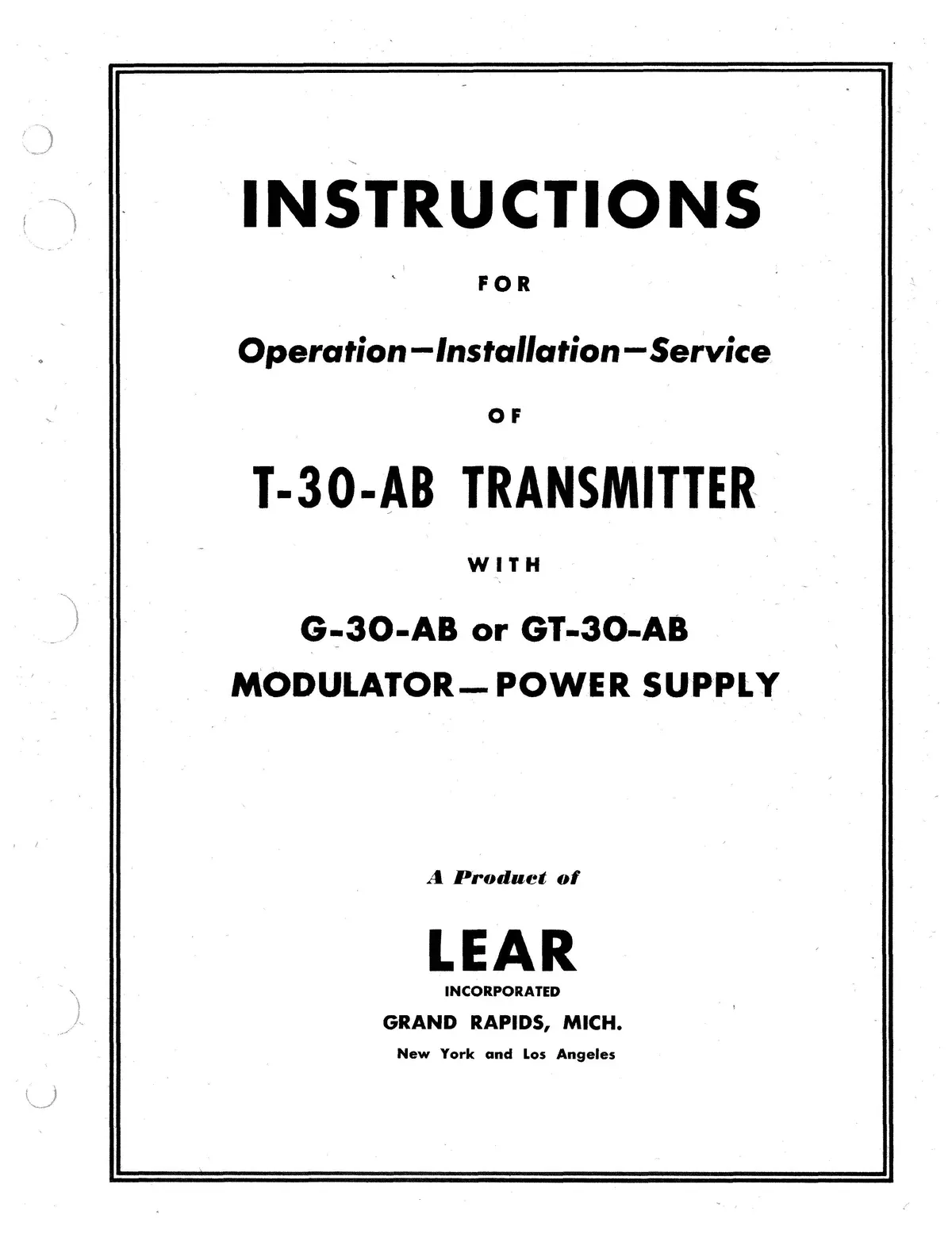 Lear T-30-Ab Transmitter Operation, Installation, & Maintenance Instruction 1