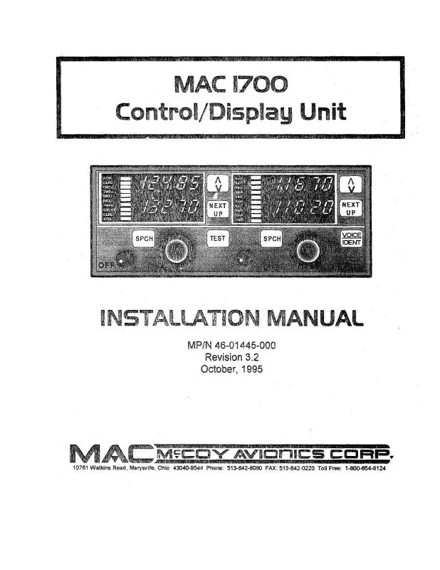 Mccoy Avionics Mac 1700 Control-Display Unit Maintenance-Installation (46-01445-000-C) 1
