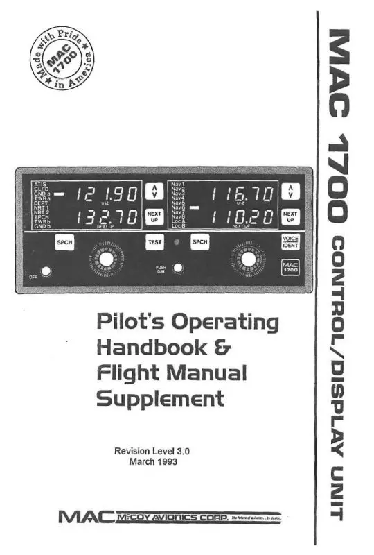 Mccoy Avionics Mac 1700 Control-Display Unit Pilot's Operating Handbook-Flight Supplement (Mvmac1700-Op-C) 1