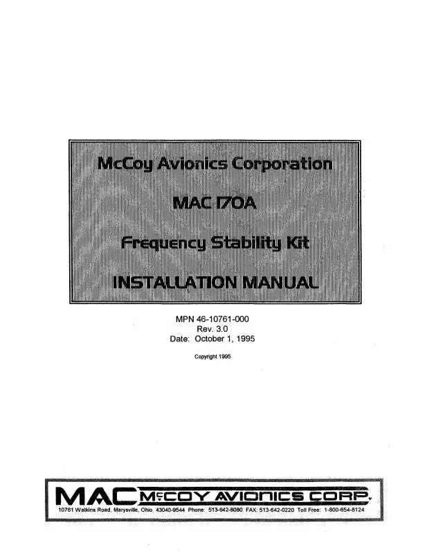 Mccoy Avionics Mac 170A 1995 Installation Manual (Mpn-46-10761-00) 1