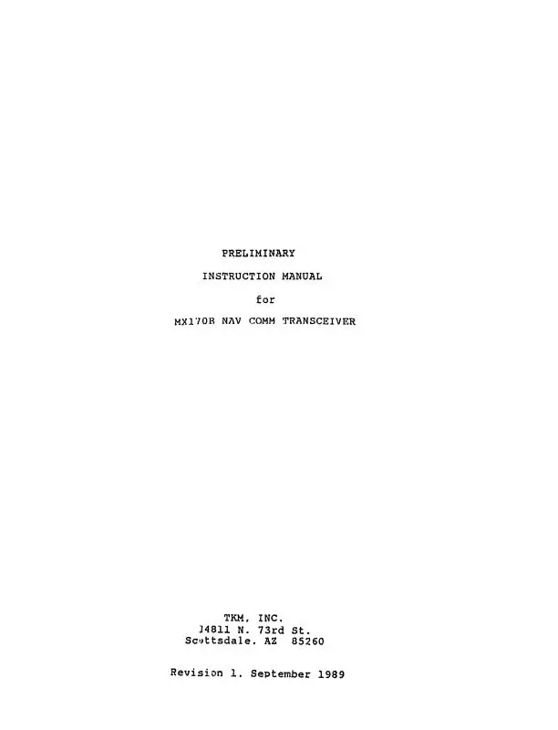 Michel Electronics Corp Mx170b Nav-Com Transceiver Preliminary Instruction Manual (Mlmx170b-89-In) 1