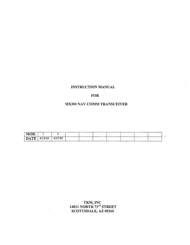 Michel Electronics Corp Mx300 Nav-Com Transceiver Instruction Manual (Mlmx300-In-C) 1
