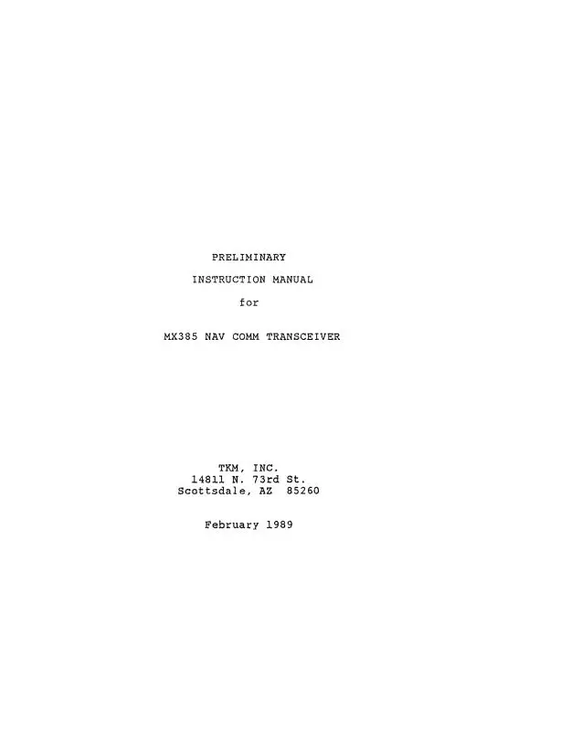 Michel Electronics Corp Mx385 Nav-Com Transceiver Preliminary Instruction Manual (Mlmx385-In-C) 1