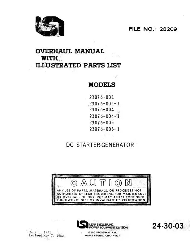 Lear Seigler 23076 Series 1971, Rev. 1982 Overhaul Manual With Illustrated Parts List (24-30-03) 1