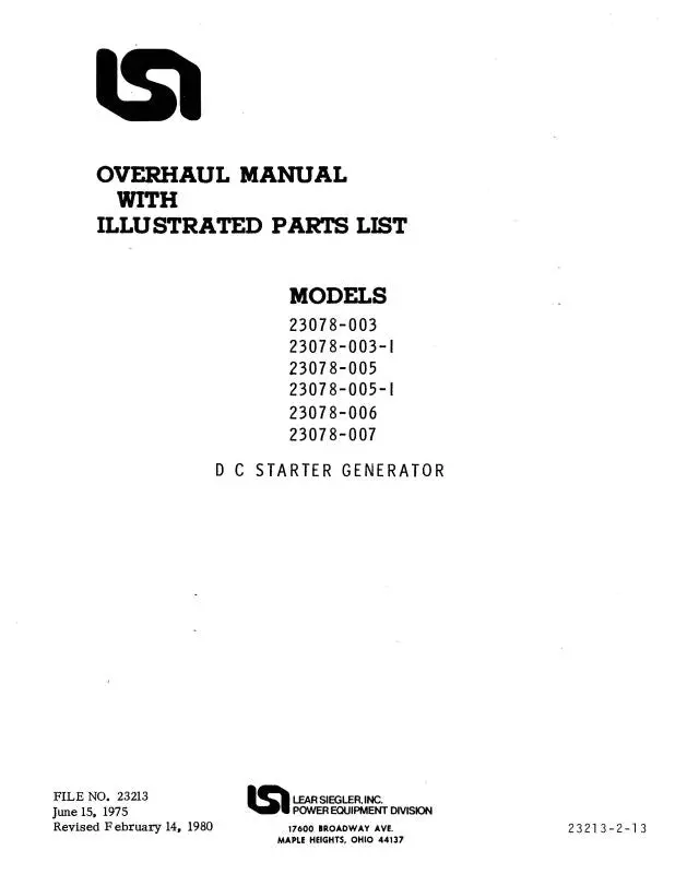 Lear Seigler 23078-003, 005, 006, 007 Overhaul Manual With Illustrated Parts List (23213-2-13) 1