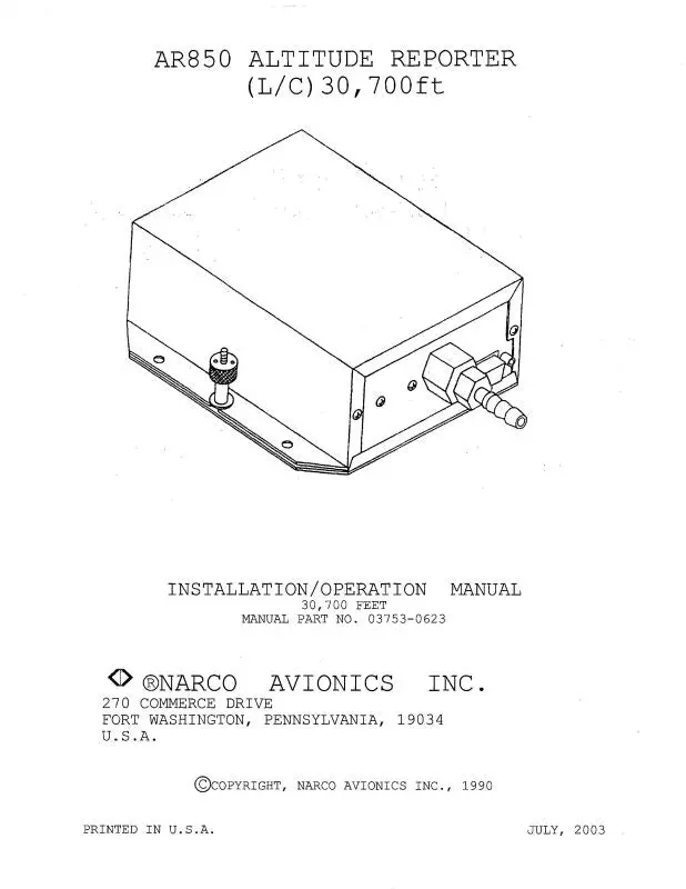 Narco Ar850 Altitude Reporter 1990 Installation-Operation Manual (03753-0622) 1