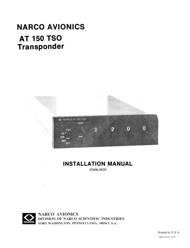 Narco At150 Tso Transponder 1977 Installation Manual (03606-0620) 1