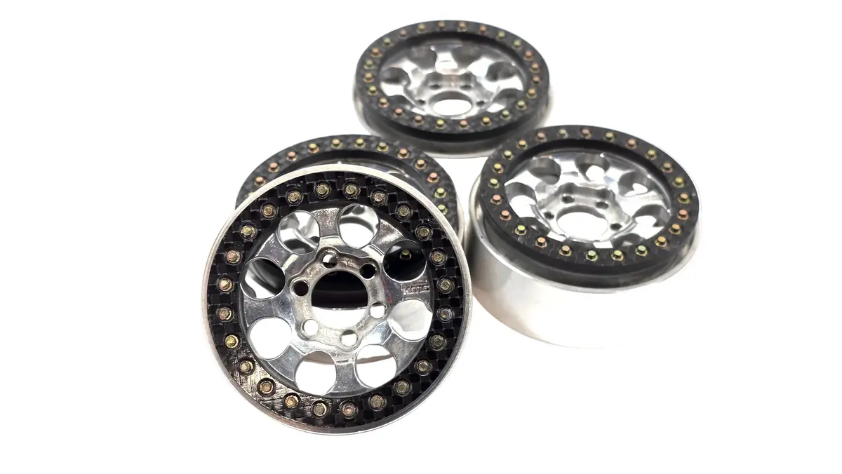 Vanquish 1.9 "Polished" Kmc Riot Bead Lock Wheels W/ Kmc Aluminum Wheel Nut Covers, Carbon Rings & Scale Hardware 1