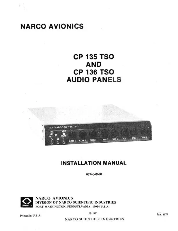 Narco Cp 135, 136 Tso Audio Panels Installation Manual (03740-0620) 1