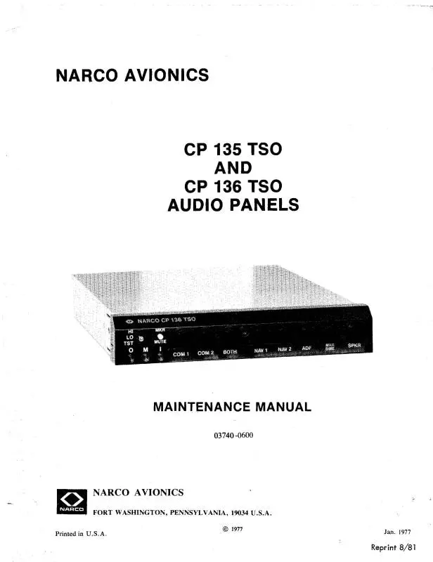 Narco Cp 135, 136 Tso Audio Panels Maintenance Manual (03740-0600) 1