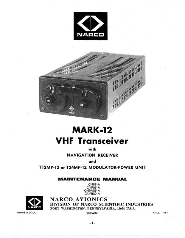 Narco Mark 12 Vhf Transceiver 1965 Maintenance Manual (3075-600) 1