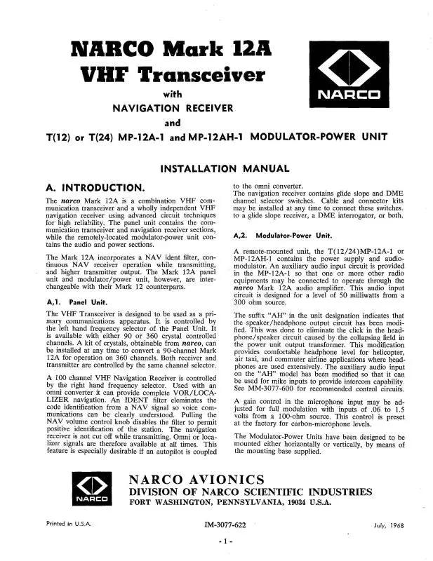 Narco Mark 12A Vhf Transceiver 1968 Installation Manual (3077-622) 1