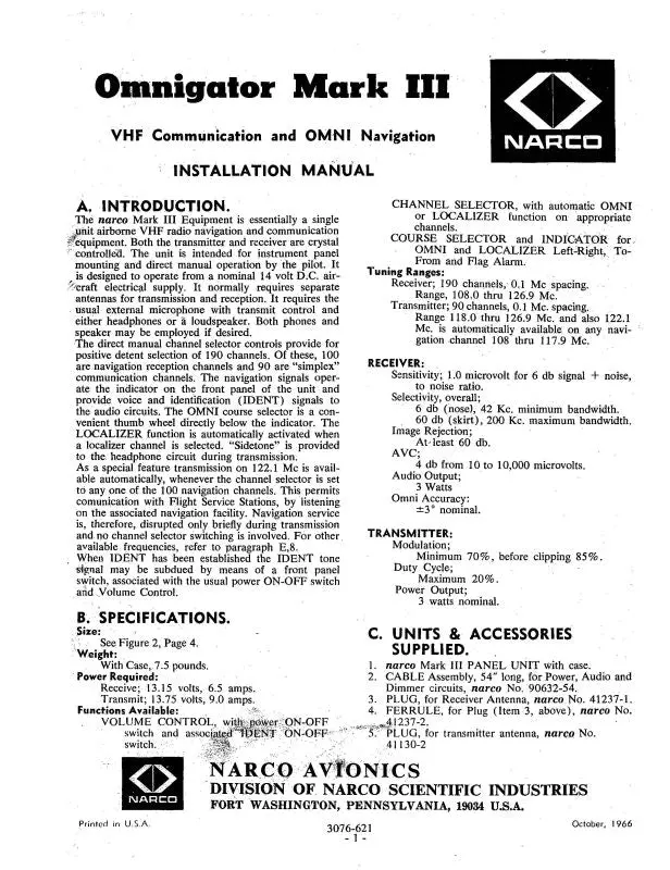 Narco Mark Iii Omnigator 1966 Installation Manual (3076-621) 1