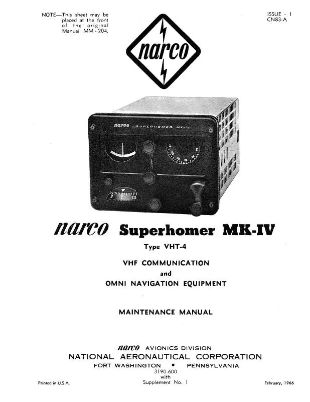 Narco Superhomer Mk-Iv Type Vht-4 Maintenance Manual (3190-600) 1