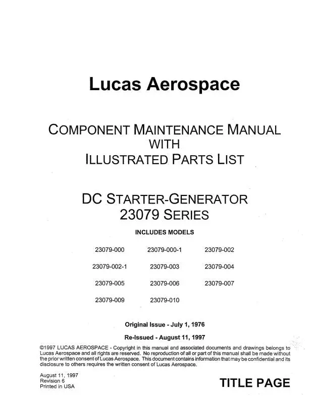 Lucas Aerospace 23079 Series 1976 Component Maintenance Manual W-Illustrated Parts (Sc23079005-76-M) 1
