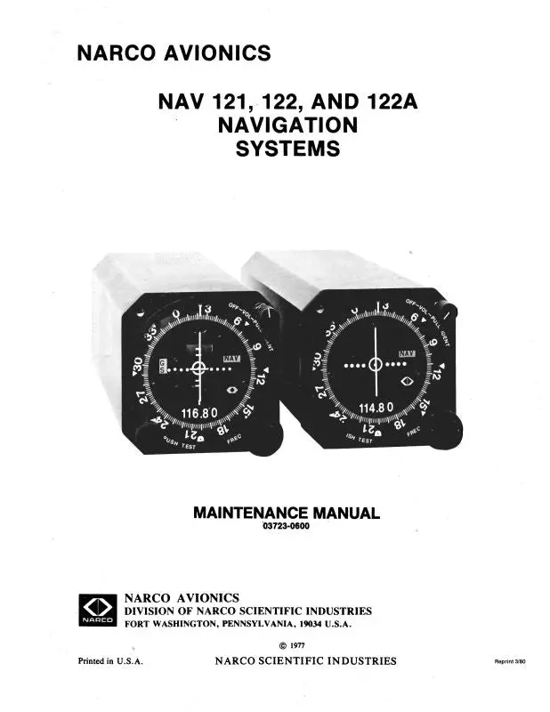 Narco Nav 121, 122, 122A 1977 Maintenance Manual (03723-0600) 1
