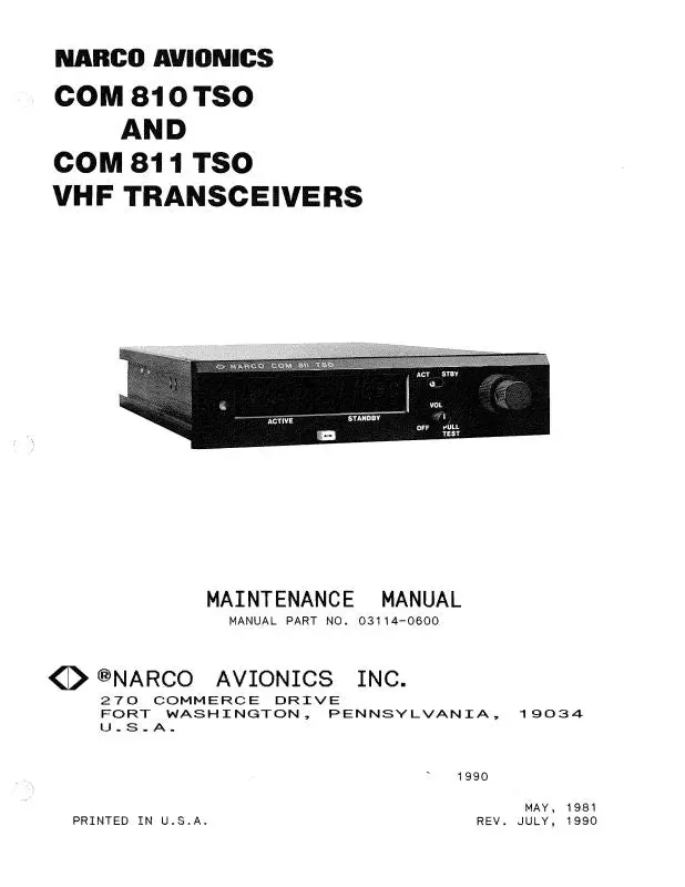Narco Com 810 Tso, Com 811 Tso Vhf Maintenance Manual (03114-0600M) 1