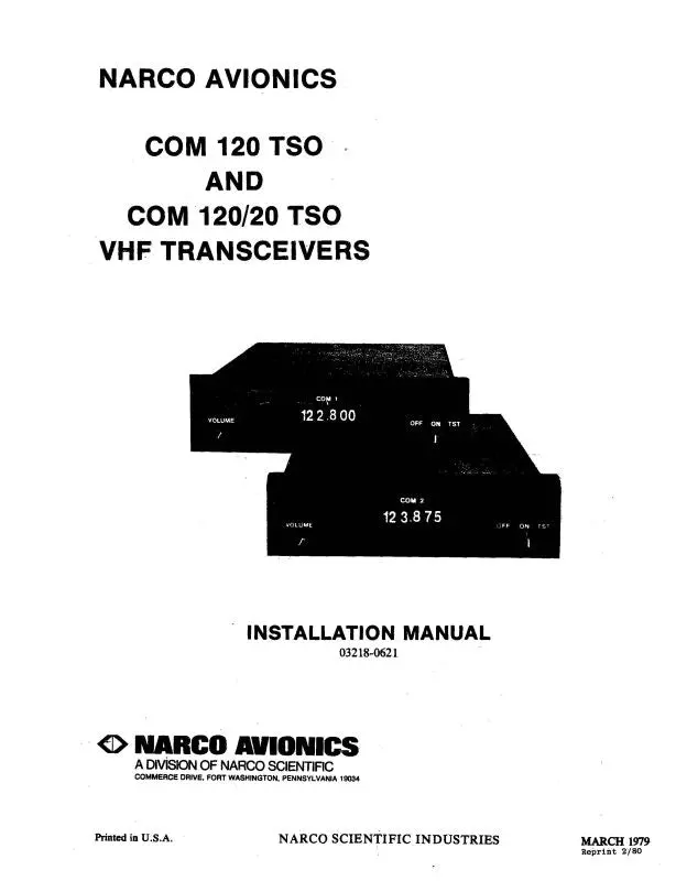 Narco Com 120 Tso & Com 120-20 Tso Installation Manual (03218-0621) 1