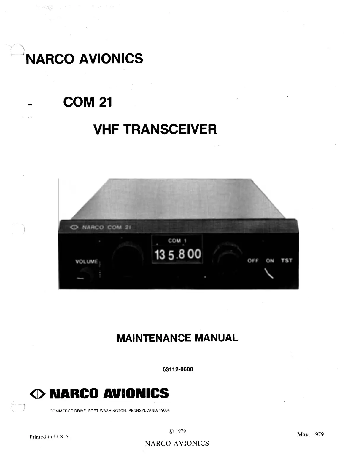 Narco Com 21 Vhf Transceiver 1979 Maintenance Manual (03112-0600) 1