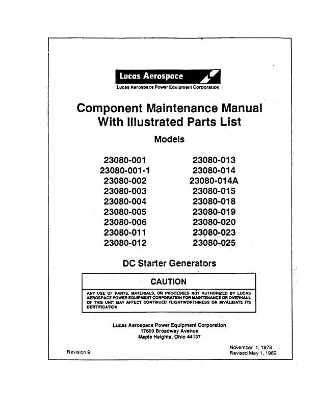 Lucas Aerospace 23080 Series 1989 Component Maintenance W-Illustrated Parts List (Lc23080-89-M-C) 1