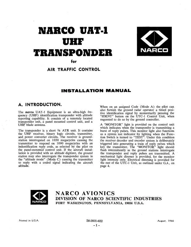 Narco Uat-1 Uhf Transponder 1966 Installation Manual (Im-3601-622) 1
