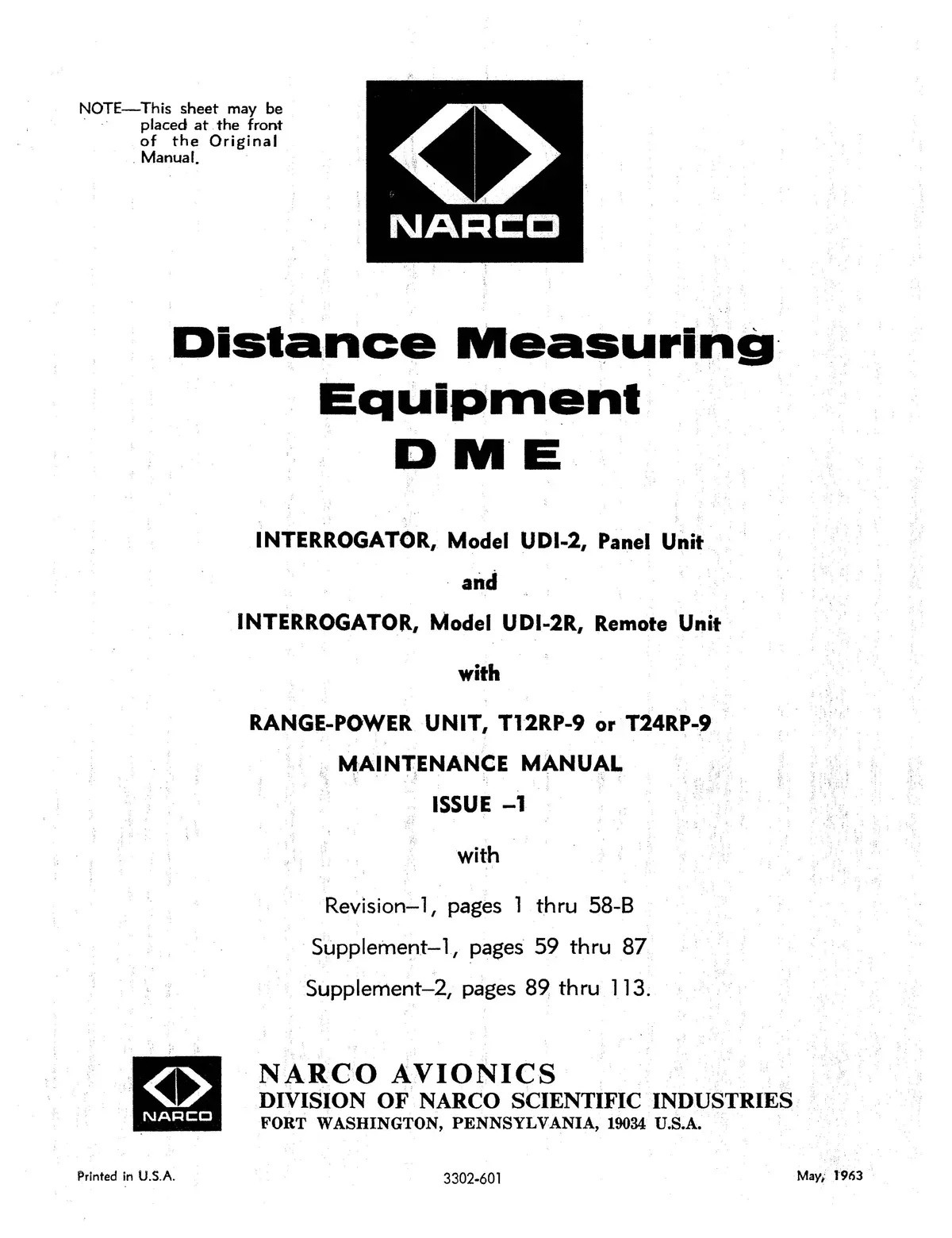 Narco Udi-2 &2 R Distance Measuring Equipment Maintenance Manual (3302-601) 1