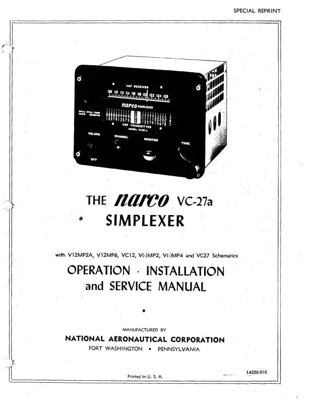 Narco Vc-27A Simplexer Operation, Installation And Maintenance Manual (14250-010) 1